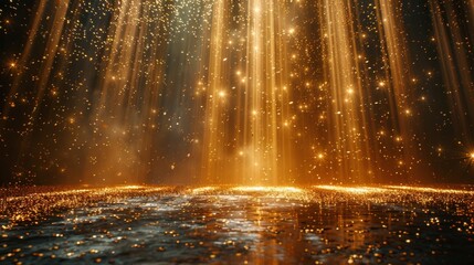 Abstract concept of golden particles cascading down like a waterfall on a dark background