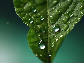 Water droplets glisten on a vibrant green leaf, showcasing exquisite details.