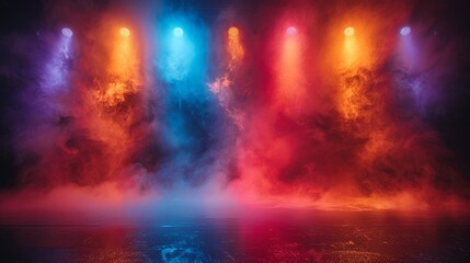 A spectacular display of colorful stage lights amidst smoke, creating an atmospheric performance scene