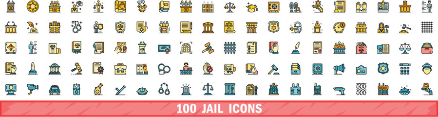 100 jail icons set. Color line set of jail vector icons thin line color flat on white