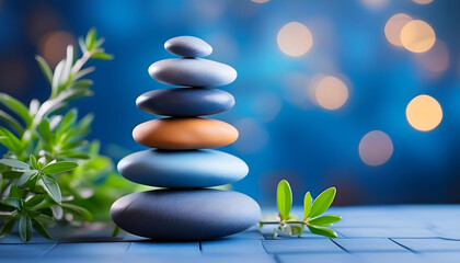 Obraz premium Stacked Smooth Pebbles on Blue Background With Green Greenery