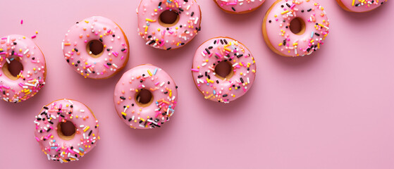 "Colorful sprinkled donuts on pink backdrop. Sweet treats perfect for indulgent cravings. Ample copy space."