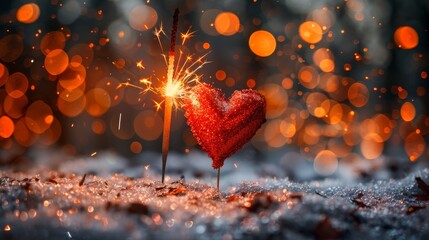 An eye-catching heart-shaped sparkler burns brightly against a bokeh backdrop on a snowy surface