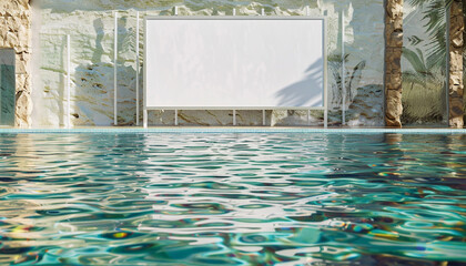 Blank white billboard in a chic swimming pool, clear water with subtle waves and reflections