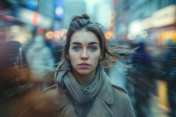 Young woman captivates as she stands before a blurred cityscape, her gaze exuding a mix of vulnerability and strength amidst the urban hustle and bustle