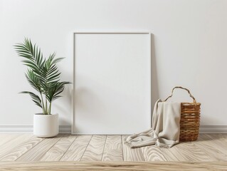 White Picture Frame, Potted Palm Tree, and Wicker Basket with Blanket on Wooden Floor Against White Wall
