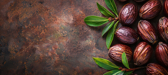 Close-up of scattered jojoba seeds with leaves. Natural skin care and beauty products concept