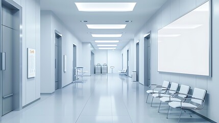 A clean and modern waiting room in a hospital, with an empty white poster on the wall and medical equipment visible