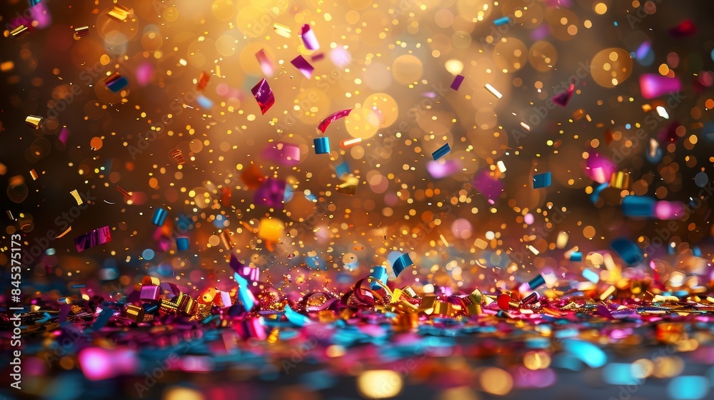 Poster a dynamic image showcasing an explosion of sparkling confetti against a blur of warm, bokeh lights a