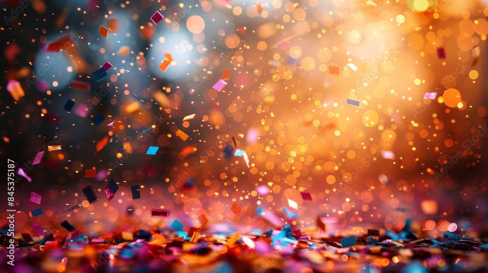 Poster dynamic image showcasing a vivid rain of confetti with a dazzling bokeh light effect and deep color 