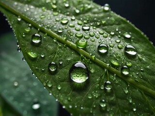 Water droplets glisten on a vibrant green leaf, showcasing exquisite details.