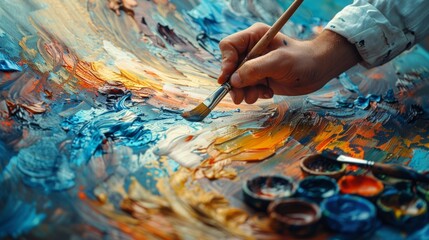 Obraz premium Detailed view of an artist's hand with a paintbrush adding vibrant colors to a canvas, amidst a creative mess
