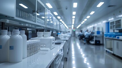 Naklejka premium A well-lit modern laboratory with shelves stocked with white bottles and testing equipment, indicating a sterile and precise environment