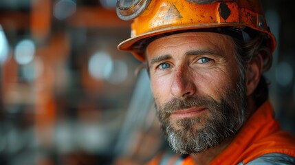 Fototapeta premium Close-up of a rugged man with a beard wearing an orange hardhat and workwear