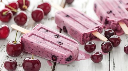Cherry and blueberry popsicles on a white wooden background, in a flat lay with cherries in a bowl and ice cream sticks nearby.