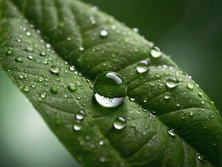 Water droplets glisten on a vibrant green leaf, showcasing exquisite details.