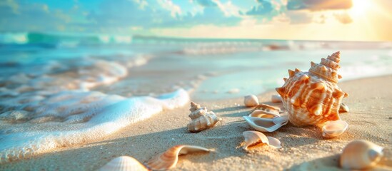 Sea shells on sandy beach: Stunning ocean view for travel agency promotion or postcard landscape