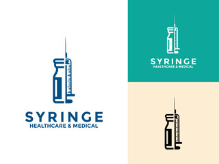 Syringe with Bottle logo icon set vector design template, injection icon vector