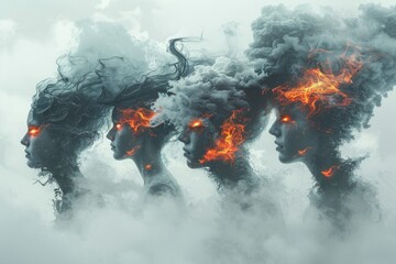 Digital composite image depicting the intricate nature of mental disorders with silhouetted profiles enveloped in swirling mist and vibrant neural connections