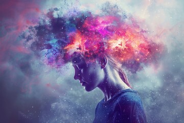 Powerful conceptual image depicting a person with a vibrant cloud of chaotic colors emanating from the head, symbolizing the turmoil and complexity of mental disorders like depression