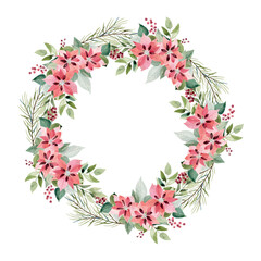 Vector watercolor christmas frame with poinsettia. Isolated on white background.