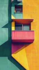 A colorful building with a balcony and a window