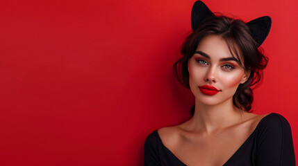 Naklejka premium pretty smiling woman with red lipstick and cat ears isolated on red background
