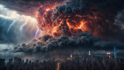 Obraz premium Dramatic Storm Clouds with Lightning and Fire Over a City Skyline