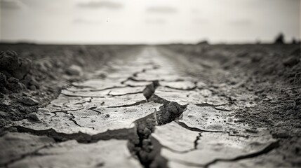 Obraz premium Drought-ridden farmland, cracked soil, barren