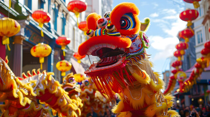 Vibrant Chinese New Year parade featuring a colorful dragon and lion dance through the streets.