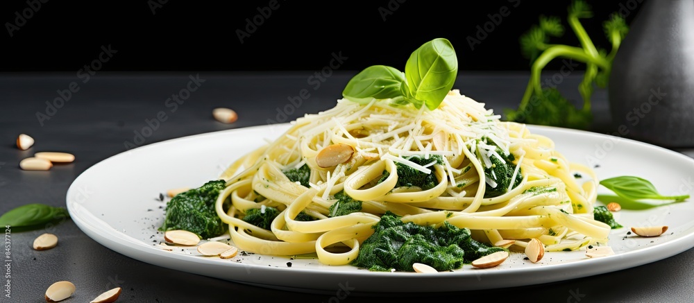 Poster homemade pasta with spinach parmesan cheesse and almonds. creative banner. copyspace image