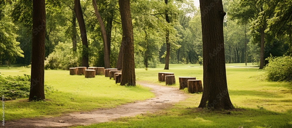 Poster the trail is covered with wooden stumps overgrown with grass in the background trees and paths recre