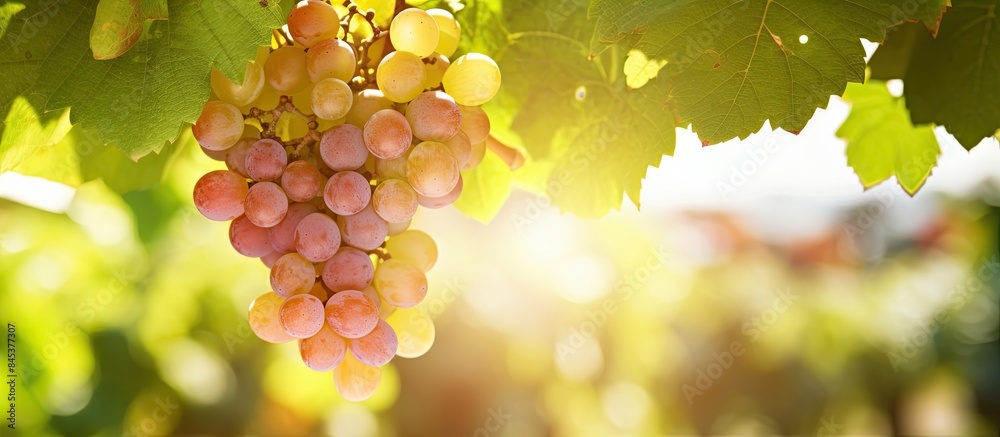 Poster close up of flowering grape vine grapes bloom in summer day. Creative banner. Copyspace image