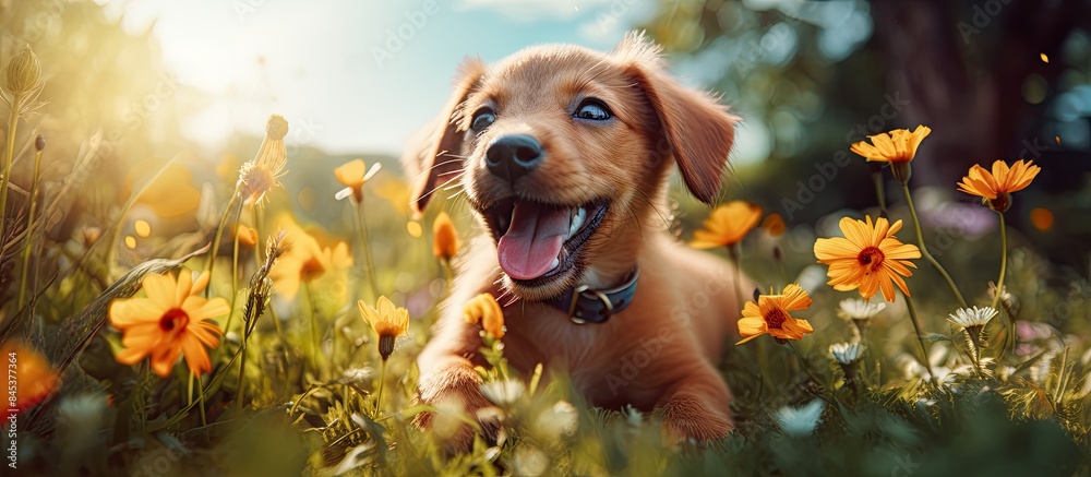 Wall mural Dog playing outside smiles Happy Dog A beautiful puppy dog. Creative banner. Copyspace image