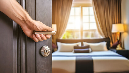 Obraz premium A Hand Opens a Door to a Luxurious Bedroom With Large Windows