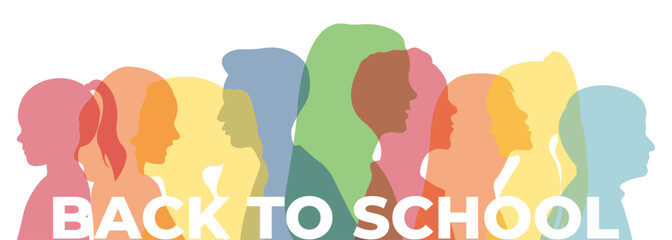 Back to school.Horizontal banner with silhouettes of children of different nationalities.Vector illustration.