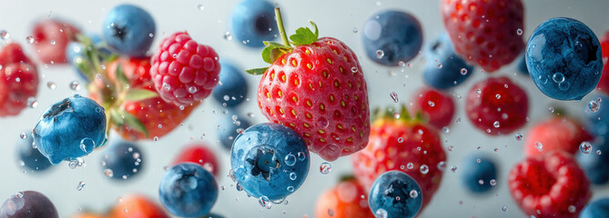 Different types of berries dropping into the water