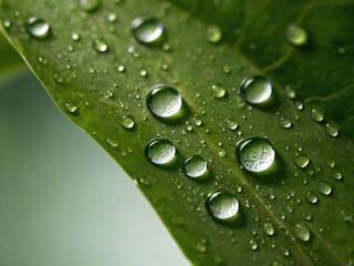Water droplets glisten on a vibrant green leaf, showcasing exquisite details.