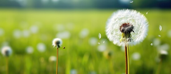 dandelion flower in green meadow. Creative banner. Copyspace image