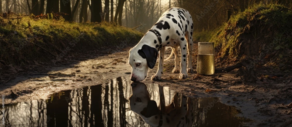 Poster Dalmatian drinking from a puddle on a bridle way in the countryside. Creative banner. Copyspace image