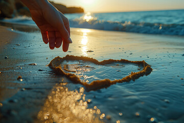 A heart drawn in the sand at the beach, symbolizing love and romance under a summer sky