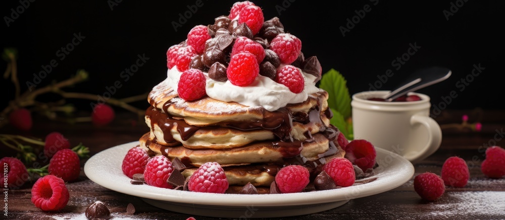 Poster cake of pancakes pancake chocolate cake with whipped cream and raspberries. creative banner. copyspa
