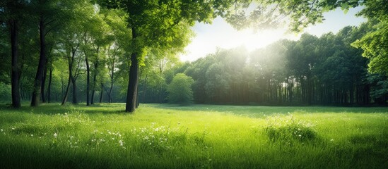 Obraz premium Glade of grass by the sunlight. Creative banner. Copyspace image