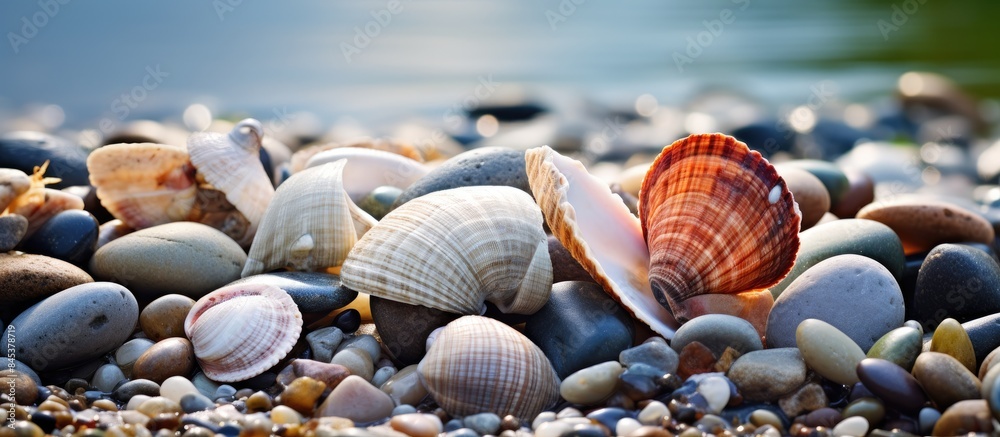 Aufkleber background textures shells and pebbles beside a creek. creative banner. copyspace image