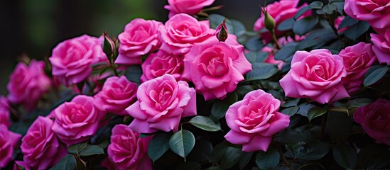 Obraz premium A cluster of pink roses in full bloom on a rose bush. Creative banner. Copyspace image