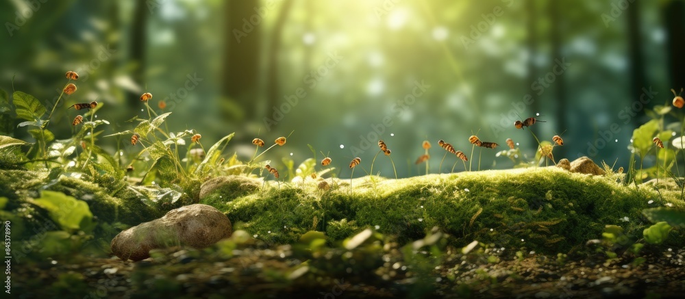 Poster an anthill in a forest glade in summer. creative banner. copyspace image