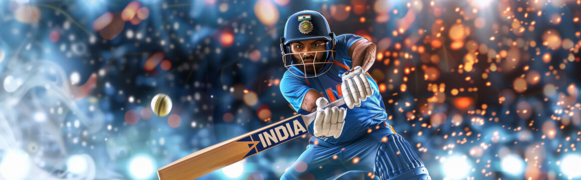 Illustration of Indian Batsman Striking a Cricket Ball with Power