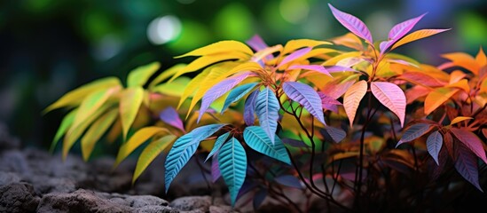 Exotic colorful leaves of Dwarf umbrella tree plant growing in the garden. Creative banner. Copyspace image