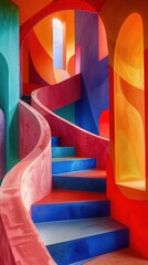Fototapeta premium A colorful staircase with a blue step in the middle