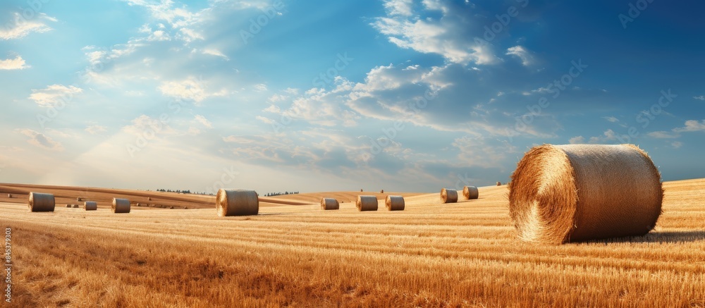 Poster straw bales on field in summer. creative banner. copyspace image